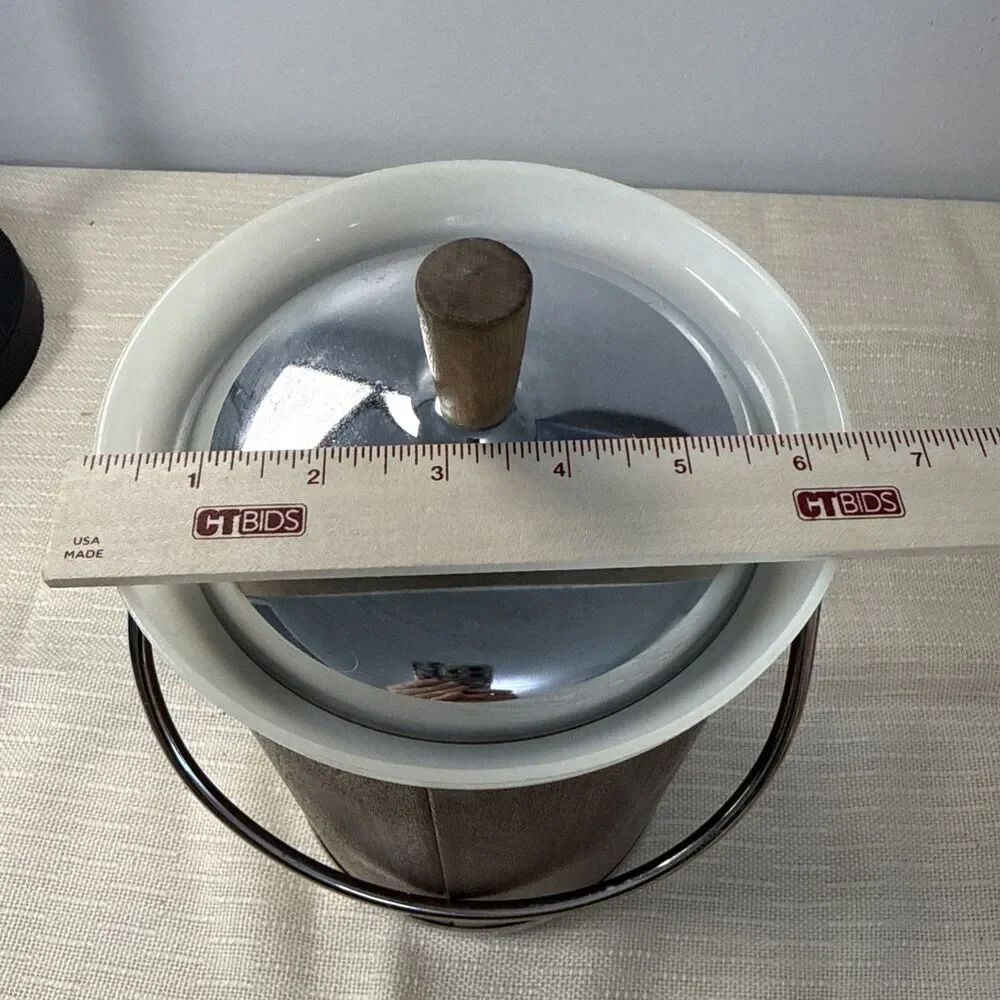 Kromex Mid Century Modern Ice Bucket Wood Grain Chrome Vintage 1960s USA